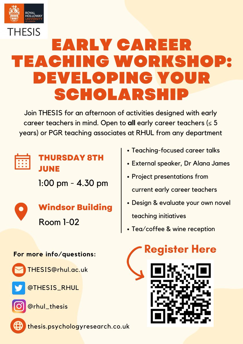 🚨There are only a few spaces left on our THESIS Early Career Teaching Workshop! 🚨
If you want to secure a space (as well as free 🍰🍷☕️), you better hurry to our registration form now! 
forms.gle/mxFx44mKfrbRsW…