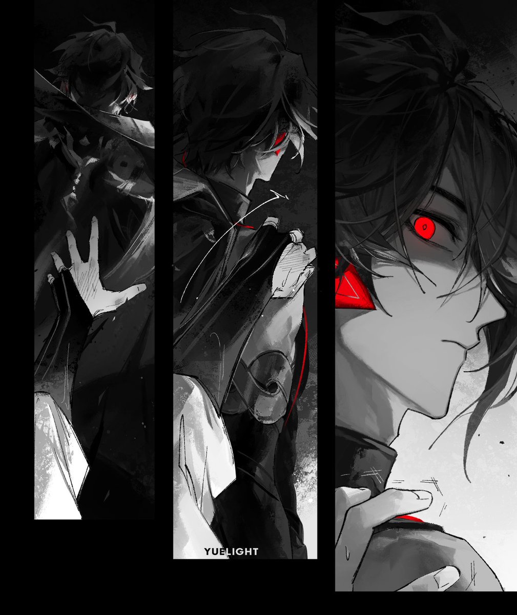 hair between eyes male focus multiple boys bangs red eyes parted lips monochrome  illustration images