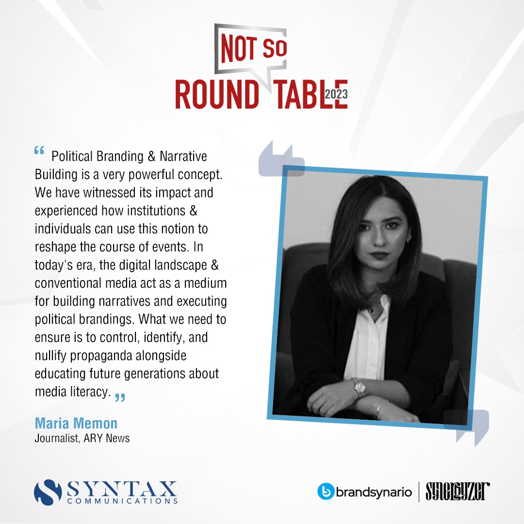 syntaxcom's tweet image. Maria Memon speaks about the power of Political Branding and Narrative Building as concepts at the Not So Round Table 2023, hosted by Syntax Communications.
#NotSoRoundTable #TeamSyntax