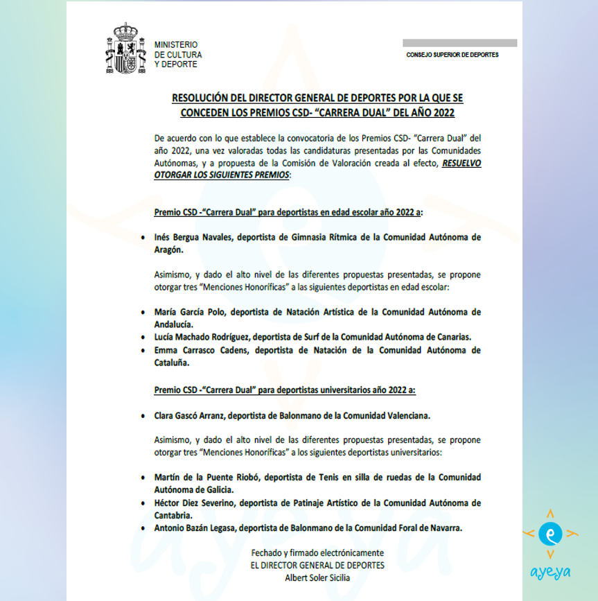 Enhorabuena a los galardonados Premios Carrera Dual 2022
💚Edad escolar: Inés Bergua
💚Universitarios: Clara Gascó

💚Menciones honoríficas:
María García
Lucía Machado
Emma Carrasco
Martín de la Puente
Hevtor Diez Severino
Antonio Bazán

csd.gob.es/sites/default/…

<a href="/SpanishGroupRG/">Spanish Group RG</a>