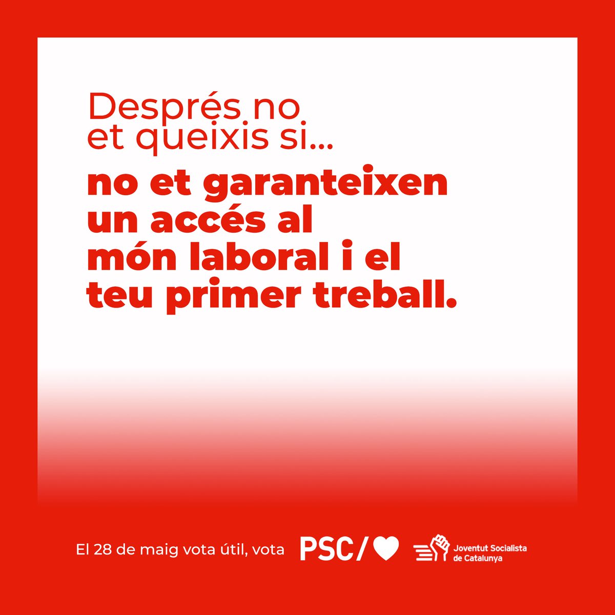 JSCMontcada's tweet photo. 𝗗𝗲𝘀𝗽𝗿𝗲́𝘀 𝗻𝗼 𝗲𝘁 𝗾𝘂𝗲𝗶𝘅𝗶𝘀 𝘀𝗶... 🫣❌

Aquest 28 de maig hi ha eleccions municipals i tenim l'oportunitat de canviar les coses a #Montcada i Reixac.

🗳 #VotaPSC perquè tinguis un govern que pensi en tothom, i en especial, en els i les joves. https://t.co/iay9ZPiBWQ