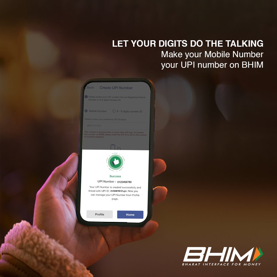NPCI_BHIM's tweet image. #BHIMApp makes transactions and payments journey easier for you with the facility of making your mobile number as your UPI number. Create your UPI Number today. ​

#LifeSimplifiedWithBHIM #UPINumber