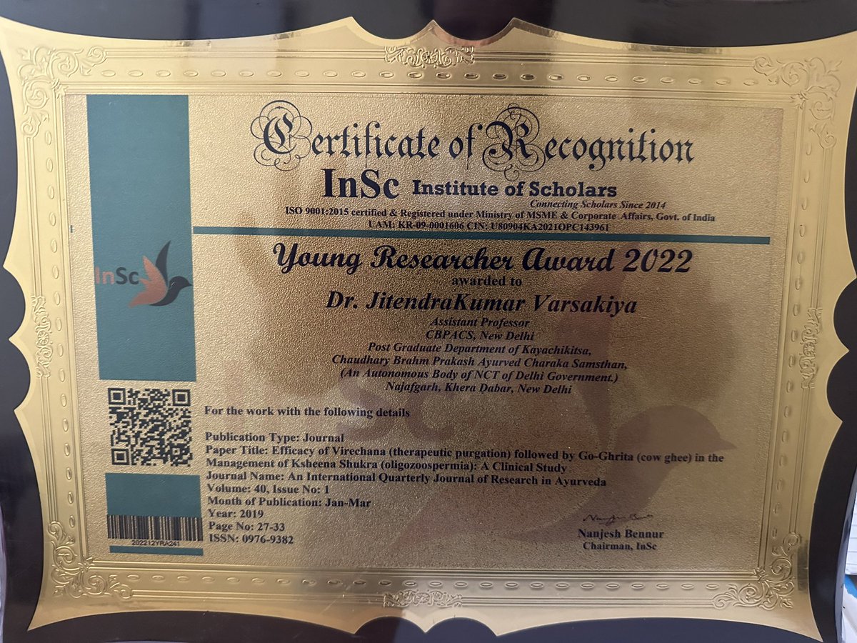 Thankful  to God , my gurus,parents and guide that I got encouragement for my work in the field of Male infertility and Ayurveda (Andrology ) . Thanks to dearest patients whom have faith on me.received the 7th award of my career.@moayush @CCRAS_MoAyush @AIIA_NDelhi @ItraJamnagar