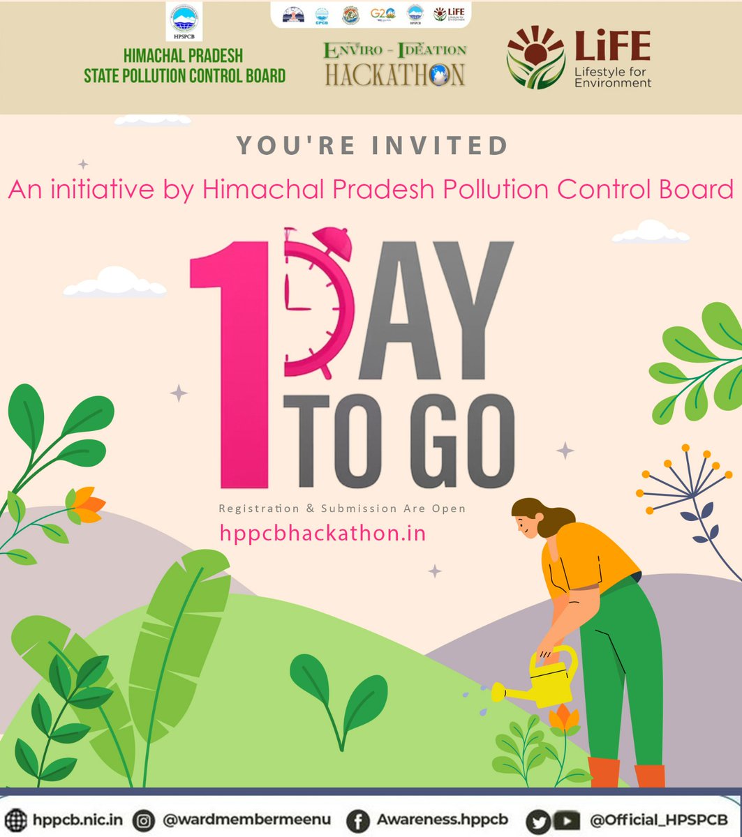Official_HPSPCB's tweet image. ONE DAY TO GO !!!
Himachal Pradesh State Pollution Control Board is organizing a #ENVIRO-IDEATION-HACKATHON-2023 on #WasteToWonder.
For more details, please visit the given link: hppcbhackathon.in
HP State Pollution Control Board
#HPSPCB
#MissionLiFE
#ChooseLiFE