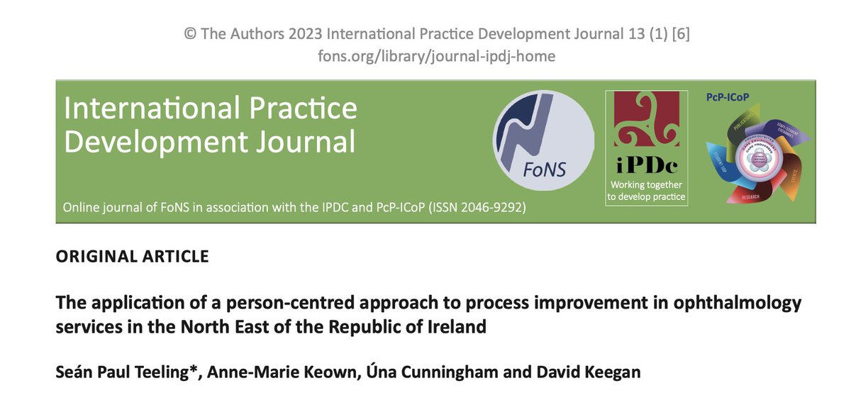 Thank you  to @TheIPDJ for the opportunity to publish the formative work of the @neriecs  team in developing ophthalmology services in Ireland #personcentredimprovement
fons.org/library/journa… @matersurgery @maternursing  @ucdsnmhs @NationalQPS @theQCommunity @keown_marie