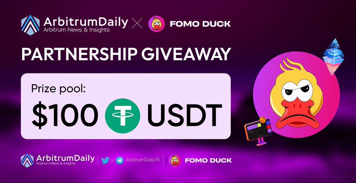 TKVResearch's tweet photo. 🔈 PARTNERSHIP ANNOUNCEMENT - GIVEAWAY EVENT

🎁 Prize: $100 #USDT for 5 Participants

✔️ To Enter:
1⃣ Follow @ArbitrumDailyTK x @fomoduck_xyz
2⃣ RT&amp; ❤️ this tweet
3⃣ Comment #QUACK &amp; tag 3 friends
4️⃣ Join: https://t.co/cjjFhp1bgX

⏰ 7 days

#QUACK #Airdrop #Giveaway #memecoin https://t.co/bsVyGiOsCI