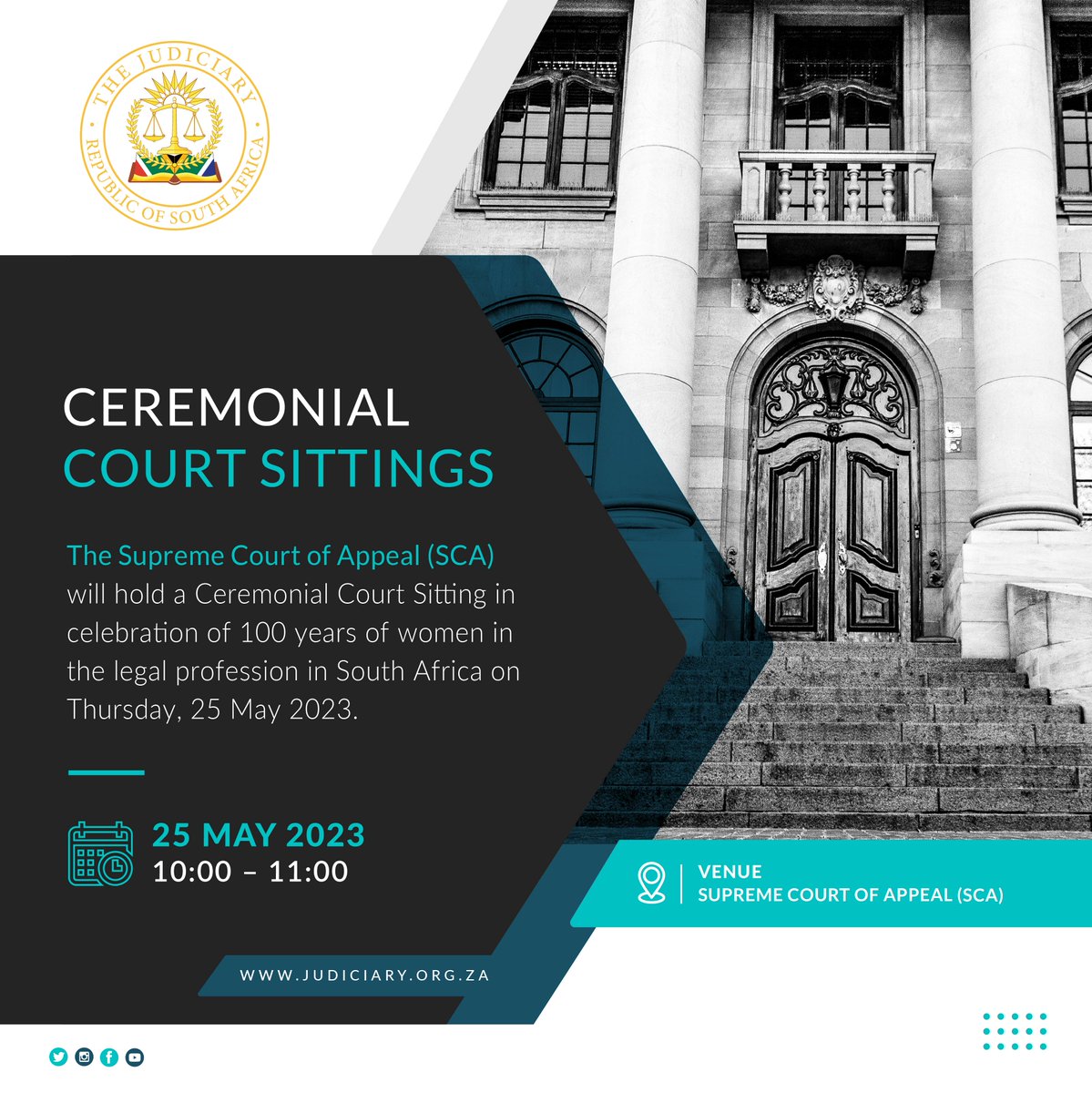 OCJ_RSA's tweet photo. On 25 May 2023, the Supreme Court of Appeal (SCA) will hold a Ceremonial Court Sitting in celebration of 100 years of women in the legal profession in South Africa.
#100More #CountMe #SCA_ZA https://t.co/R5TUavjBLs