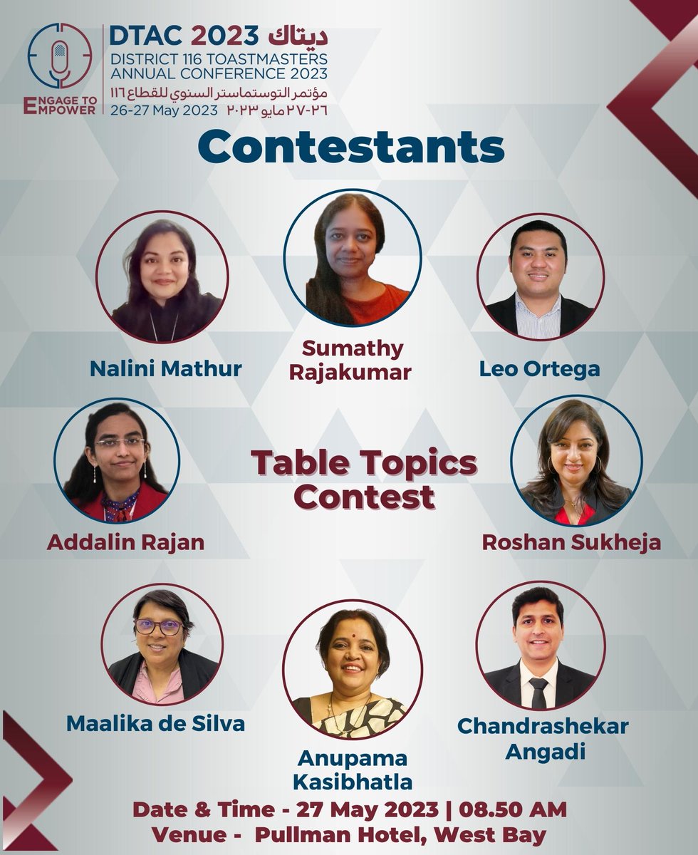 DtacQatar's tweet photo. *DTAC 2023 Contestants*

Get ready to witness an array of eloquent speakers on stage, giving each other a tough competition to win the coveted title of District Champion in each category.

Here are the *Contestants of DTAC 2023*
ENGAGE TO EMPOWER 
#dtac2023 https://t.co/ldP61xjbWU