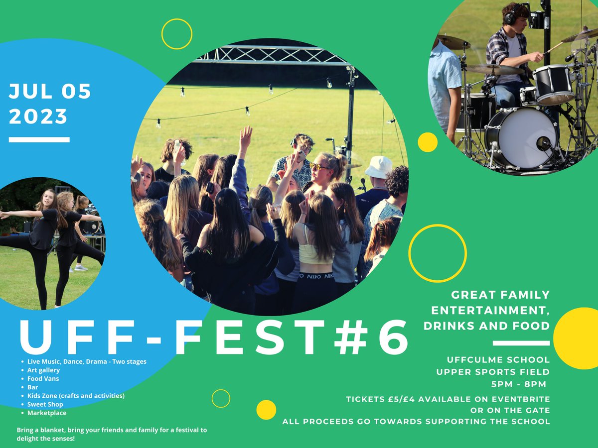 Tickets are now on sale for Uff-fest #6. 
Come along on Wednesday 5th July from 5pm for an evening of music, dance, drama and the visual arts.
For tickets, please follow the link:
eventbrite.co.uk/e/uff-fest6-ti…

#Ufffest6 #UffculmeSchool #openairfestival #ExcellenceIsAHabit