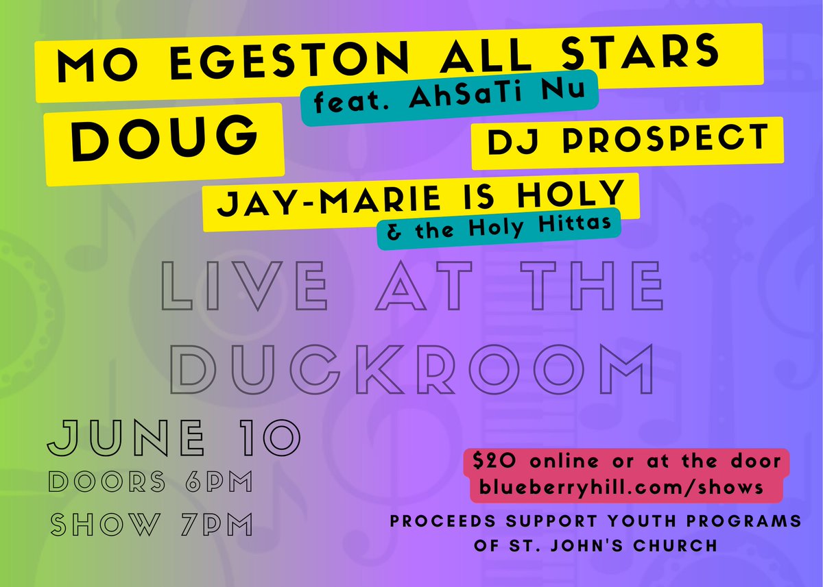 June 10.  #livemusic for a great cause at <a href="/DuckRoomSTL/">Blueberry Hill Duck Room</a> . Benefitting youth outreach-St. John's the Beloved Community
<a href="/MoEgeston/">Maurice Mo Egeston 🎹 Pianist STL</a>  All-Stars featuring <a href="/ahsatinu/">AhSa-Ti TyehimbaFord</a> 
DOUG
Jay-Marie is Holy
#soul #jazzfusion  #hiphop #funk #groove #drumandbass #randb #housemusic #originalmusic #StLouis