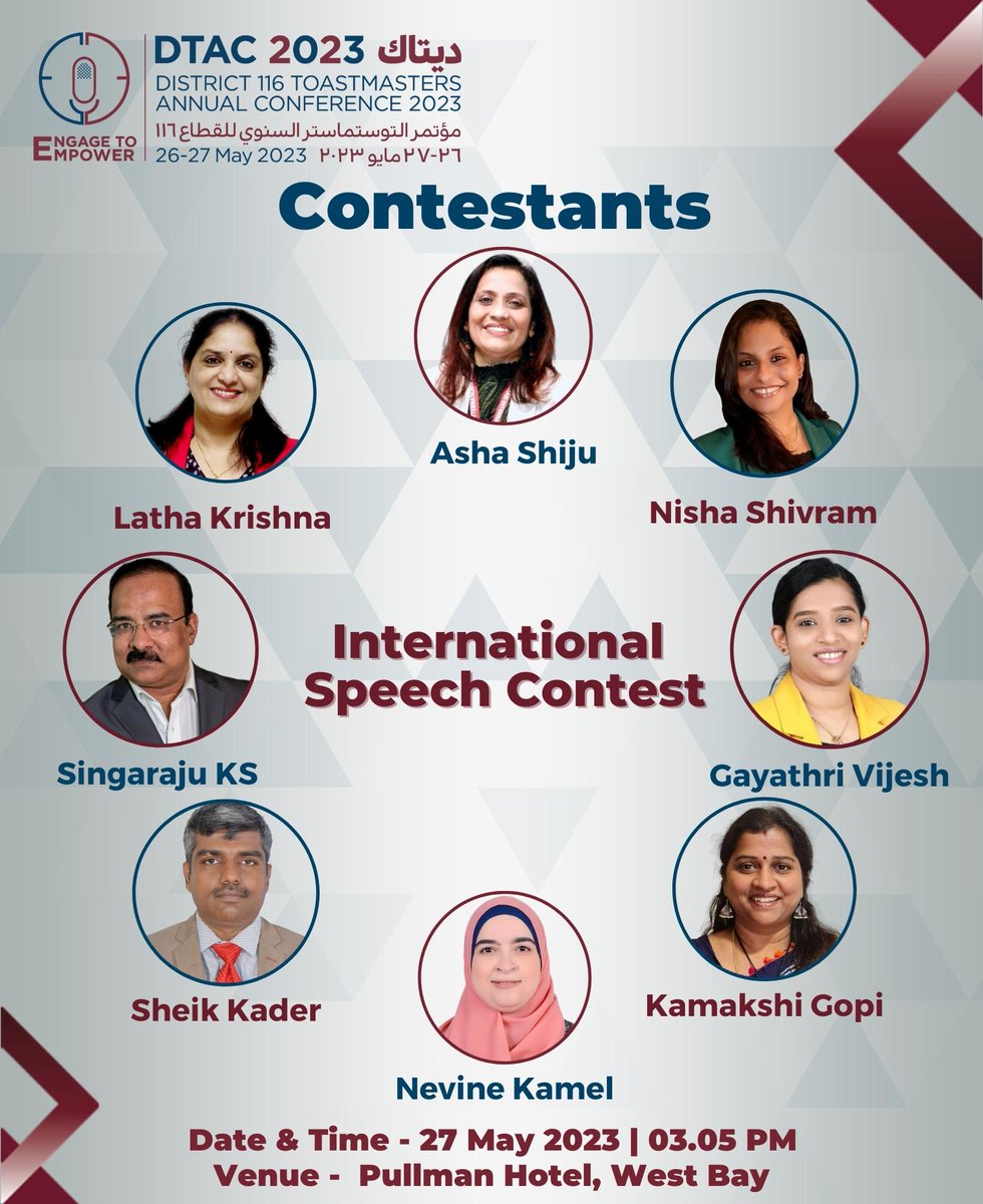 DtacQatar's tweet photo. *DTAC 2023 Contestants*

Get ready to witness an array of eloquent speakers on stage, giving each other a tough competition to win the coveted title of District Champion in each category.

Here are the *Contestants of DTAC 2023*
ENGAGE TO EMPOWER 
#dtac2023 https://t.co/ldP61xjbWU