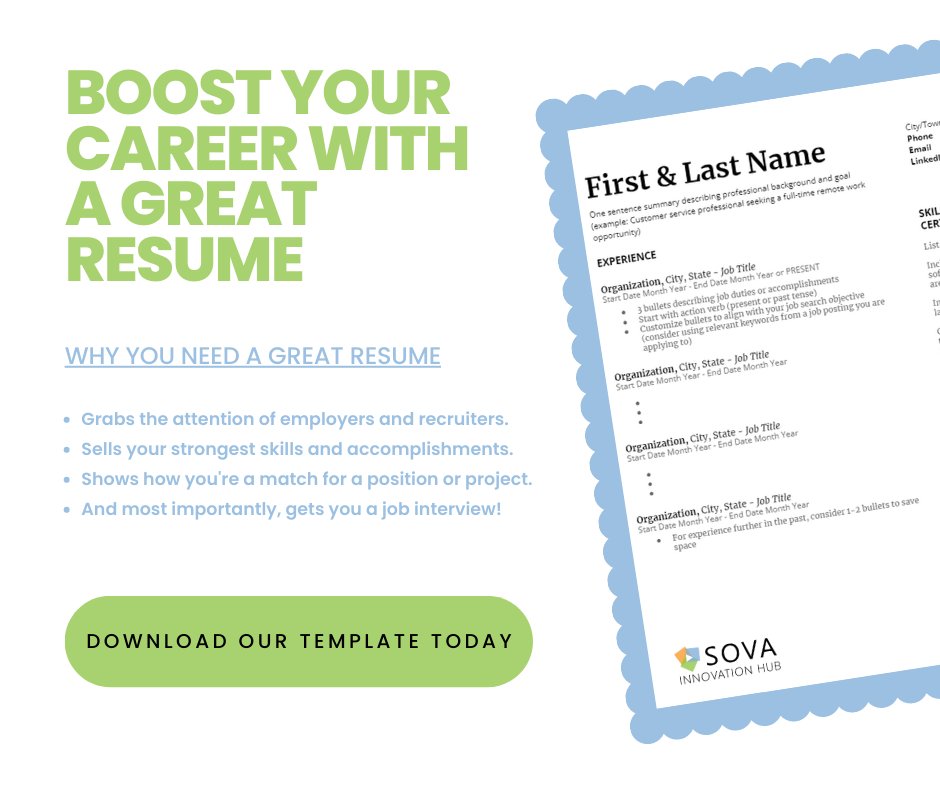 📣Attention job seekers! 🚀Want to boost your career and stand out in the hiring process?

🌟Look no further than SOVA Innovation Hub's resume template! 

💼Visit 🌐sovainnovationhub.com/career-boost to download our template today.

#ResumeTemplate #CareerDevelopment