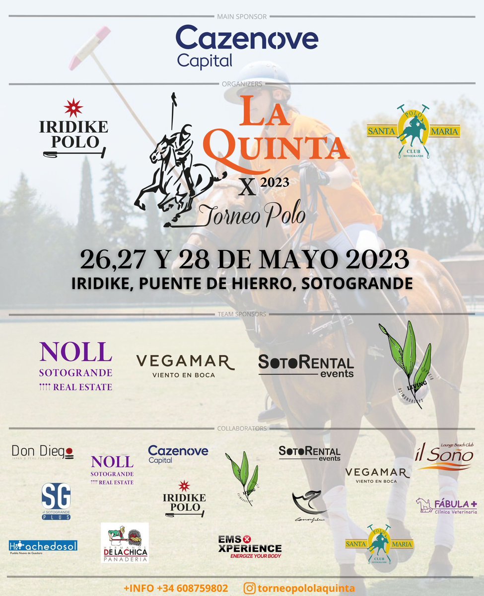 Llega la X edición del Torneo La Quinta.

🗓️ viernes 26 a partir de 16:00h
🗓️ sábado 27 a partir de 16:00h
🗓️ domingo 28 a partir de 10:00h

Uno de los torneos más divertidos de la temporada, encontrarás buen polo, buena gastronomía, música en directo y un gran ambiente 🔝🔝