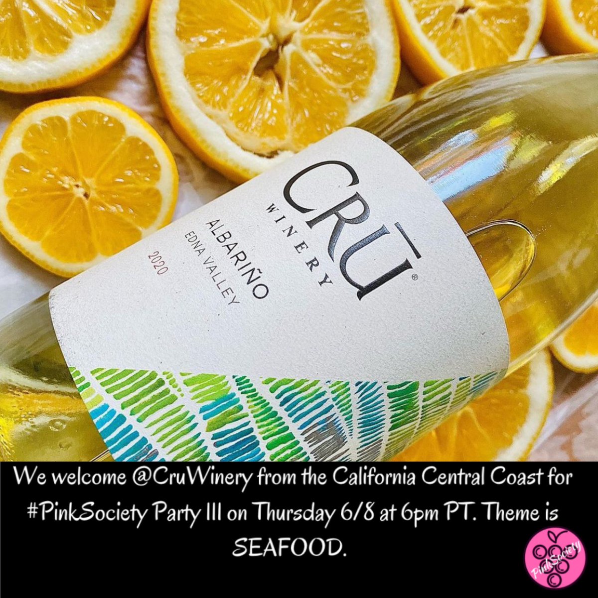 We are still collecting your SEAFOOD photos via DM. Send yours today. We welcome @CruWinery from the California Central Coast for #PinkSociety Party 111 on Thursday 6/8 at 6pm PT. Theme is SEAFOOD. @boozychef @jflorez @winedivaa @WineCheeseFri @RedWineCats @jwalkermobile