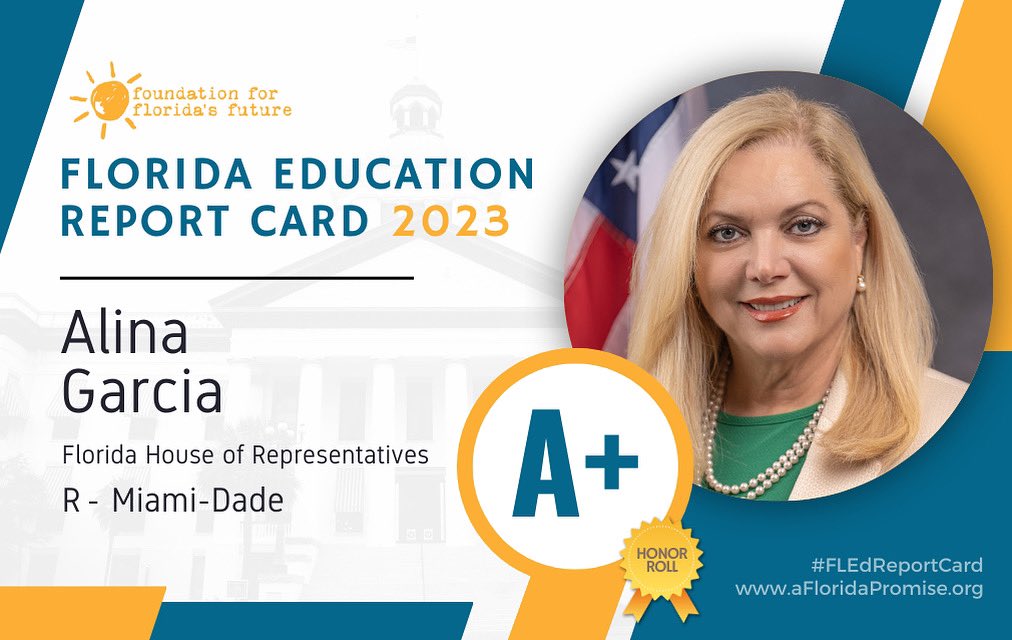alinagarcia's tweet image. Proud to receive an A+ on @AFloridaPromise 2023 Education Report Card. Our work will help students now and for generations to come. #FLEdReportCard #hd115 #staterepresentative