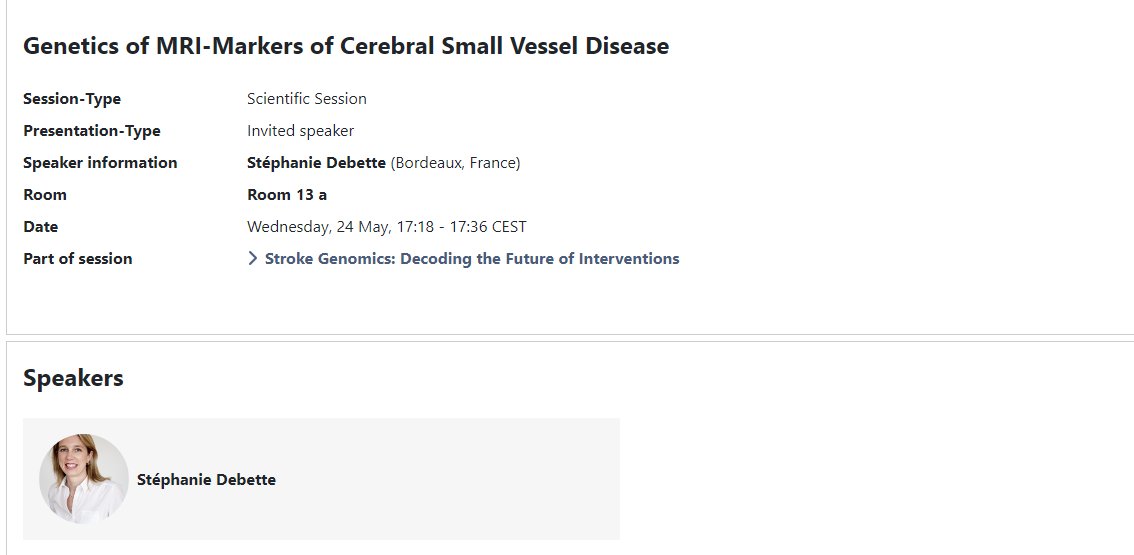 [#Conference 🇩🇪] Don't miss the SHIVA presentations at the European Stroke Organisation Confererence #ESOC23! 
🗓️Stéphanie Debette: today at 17:00 CEST 
🗓️@MarieG_Duperron: tomorrow at 17:30 CEST
#stroke #strokeresearch #strokescience #stroketwitter @ELEANOR_BPH @BPH_Research