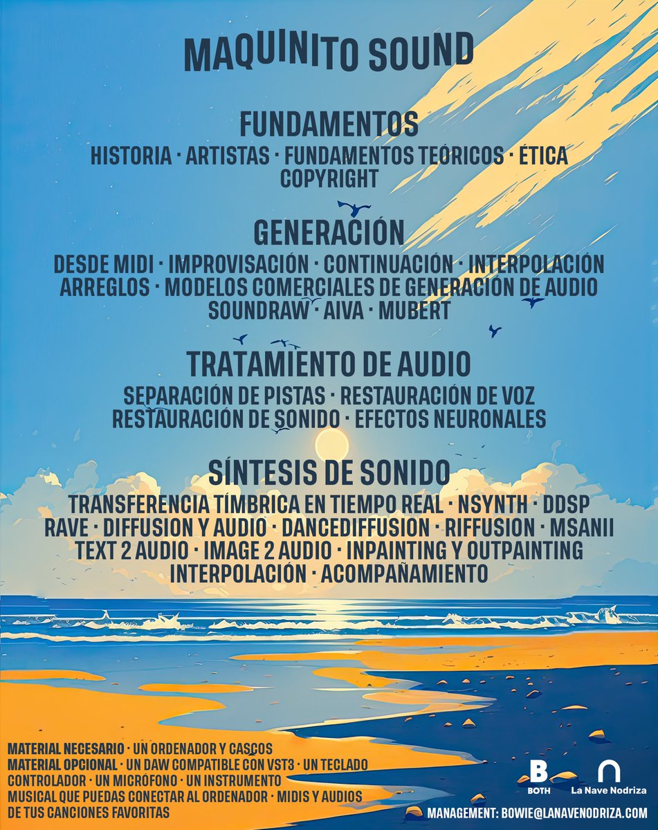 Empieza la temporada de festivales, llega; Maquinito Sound.

Un taller creado junto con la <a href="/Nodrizismo/">La Nave Nodriza</a>  sobre “Composición y Producción Musical Asistidas por IA.”

19 de Junio.
6h + 1h comida networking + 1h de concierto.

👇🔥

lanavenodriza.com/composicion-y-…