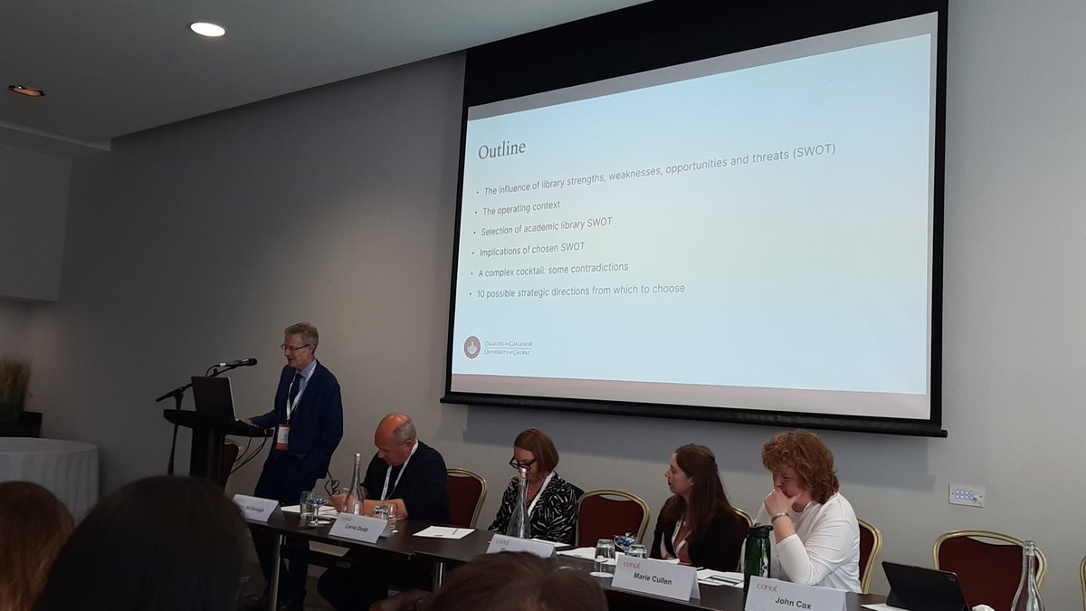 StephanieRonan's tweet photo. S.W.O.T. analysis for academic libraries like @uniofgalway don't stand alone, and results need to be viewed in the broader context of world issues 
@johncoxnuig presenting now for #CONUL2023 https://t.co/NfyciNXIGs