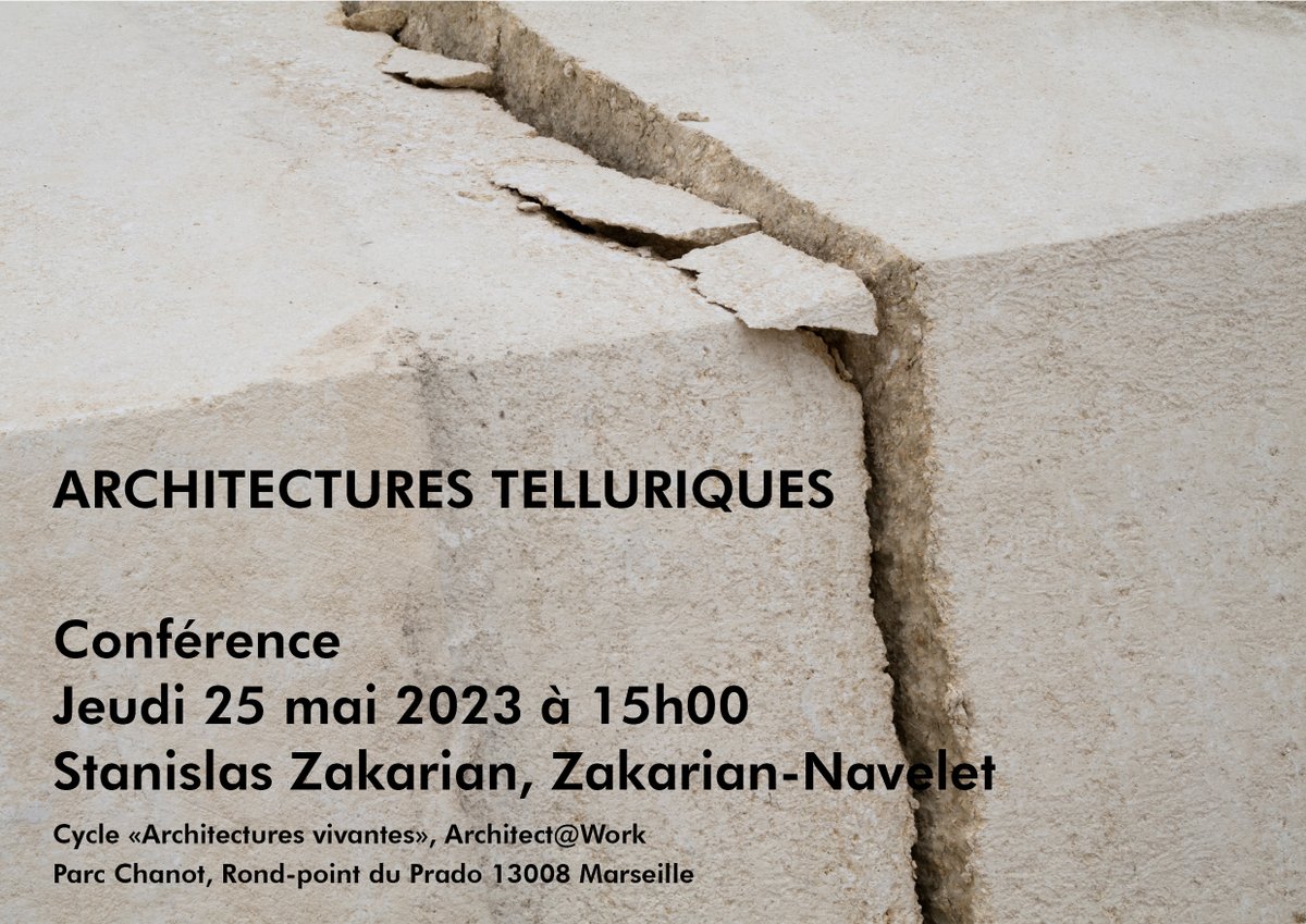 Rappel : Conférence "architectures telluriques" Zakarian-Navelet, architectes <a href="/ZNarchi/">Zakarian-Navelet</a> le jeudi 25 Mai à 15h30 
dans le cadre du cycle «Architectures vivantes», Architect@Work
Parc Chanot, Rond-point du Prado 13008 #Marseille