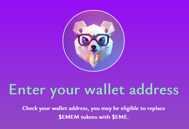 ememcoin's tweet photo. Dear friends!
To check the possibility of obtaining $EME tokens instead of $EMEM tokens, use the verification form 👇

🌍https://t.co/Pse0JPN1rT

#EMEM #EME #EMEMcoin #ErmineMEME https://t.co/zxDG789UdB