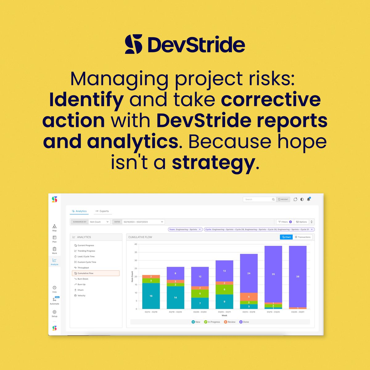 Manage project risks with confidence using DevStride Difference. Our reports and analytics provide actionable insights to anticipate and prevent potential issues. Stay on track with Agile metrics, spot trends, and take immediate action. 
Achieve project success with DevStride.
