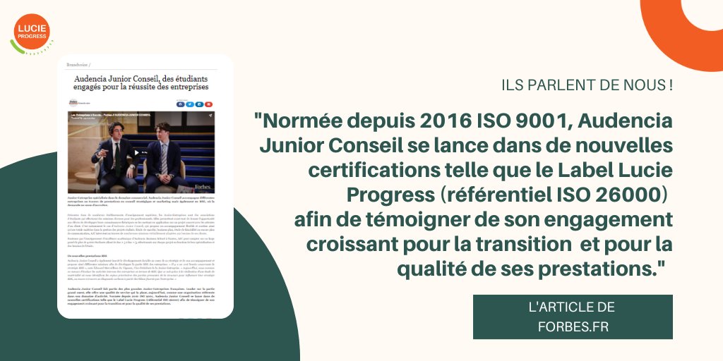 La presse parle de la #CommunautéLUCIE à travers l’exemple de notre labellisé LUCIE Progress, <a href="/AJC_JE/">Junior Audencia</a>. Par son article, <a href="/Forbes/">Forbes</a>  valorise l’engagement et la démarche de labellisation du cabinet de conseils et d’études étudiant.

👉forbes.fr/brandvoice/aud…