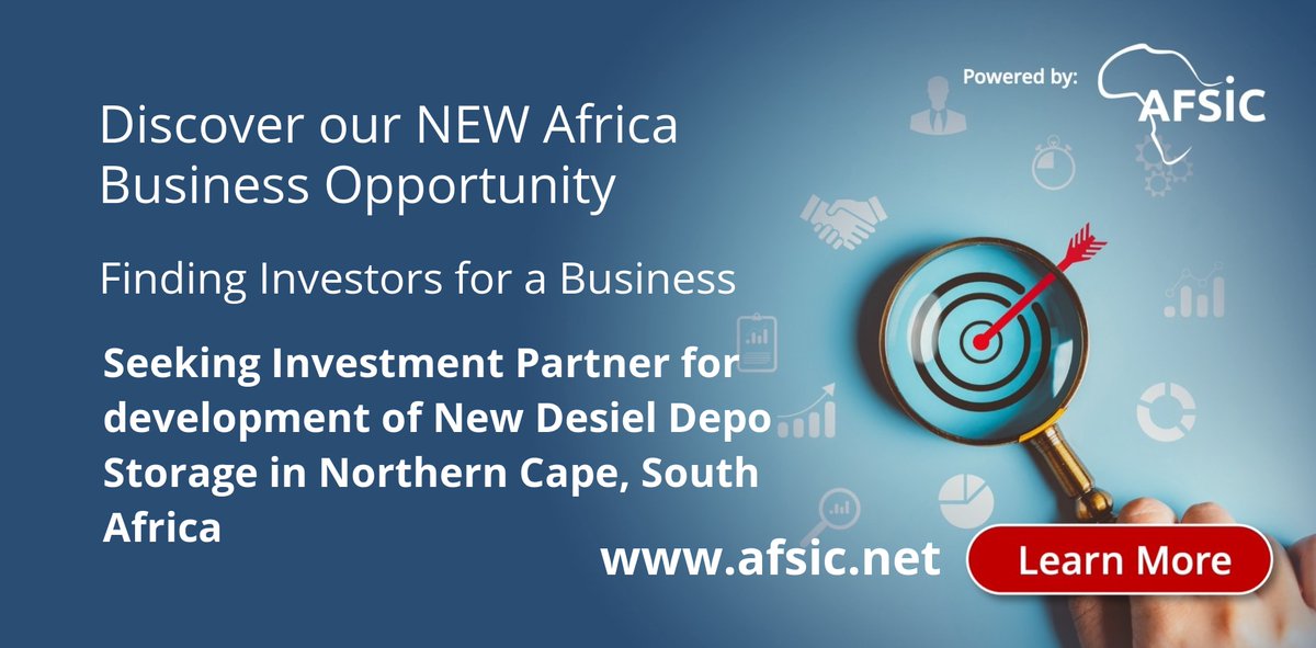 AFSICafrica's tweet photo. Announcing New Africa Business Opportunity Posted by a Member:  Seeking Investment Partner for development of New Desiel Depo Storage in Northern Cape, South Africa CONNECT HERE: https://t.co/G9OwNmWmfY #africa #South Africa #sustainabledevelopment #impactinvesting #financialincl https://t.co/rqJNmrp70F