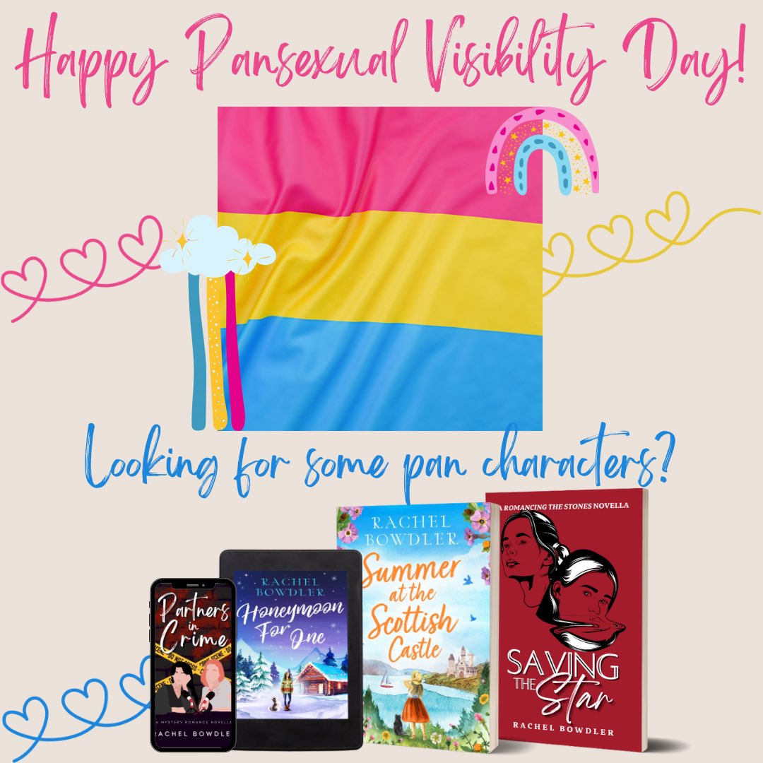 RachelBowdler_'s tweet photo. 🩷💛🩵 HAPPY PANSEXUAL &amp; PANROMANTIC VISIBILITY DAY! 🩷💛🩵

If you’d like to support a very pansexual author and/or dive into some romances featuring pansexual main characters, why not grab one of my stories? Happily ever after guaranteed. 🌈 https://t.co/kPrpn5qnGj https://t.co/VXWfyYxWnL