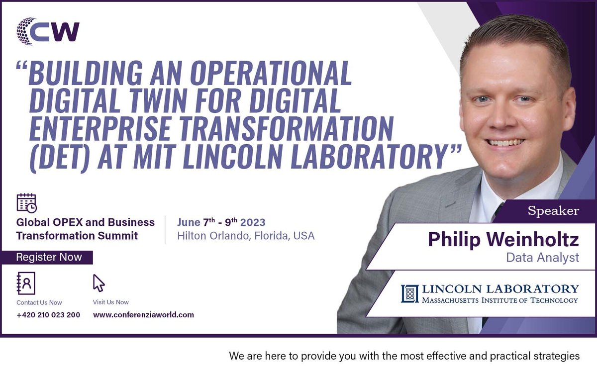 cw_europe's tweet photo. We are glad to introduce our speaker Philip Weinholtz from Lincoln Laboratory to Conferenzia World's upcoming Global OPEX Business Transformation Summit taking place on the 7th – 9th June, 2023 Orlando, Florida, USA
https://t.co/oTNSlLgKGV https://t.co/OpbrXWRXLS