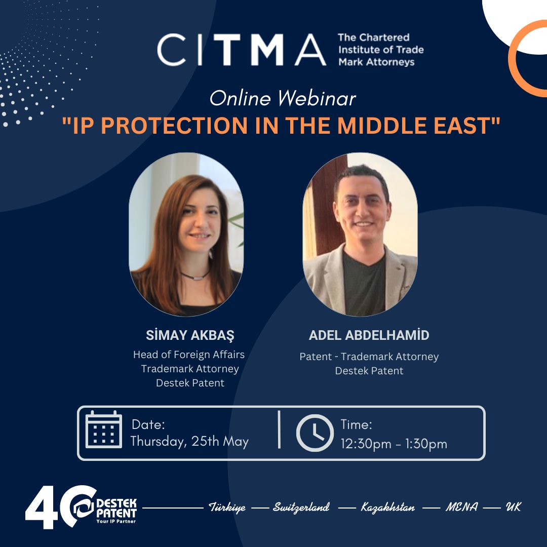 DestekPatentGLO's tweet photo. You are invited to join our webinar, where we will discuss the current situation for IP practitioners and IP protection in the Middle East.  #destekpatent #yourippartner #citma 

You can register through the link below.

https://t.co/xd1UEmXxJD https://t.co/bGKgaAUtaO