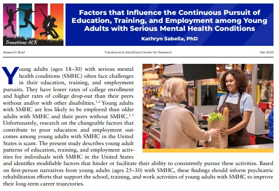 UMass_SPARC's tweet image. 🆕Factors that Influence the Continuous Pursuit of Education, Training, &amp;amp; Employment among #YoungAdults w/ Serious #MentalHealth Conditions. What elements can help? 
buff.ly/3LjfmMI 
#NIDILRR #ResearchBrief #YouthMentalHealth #SMHC 
@NARICInfo 
@ACLgov
