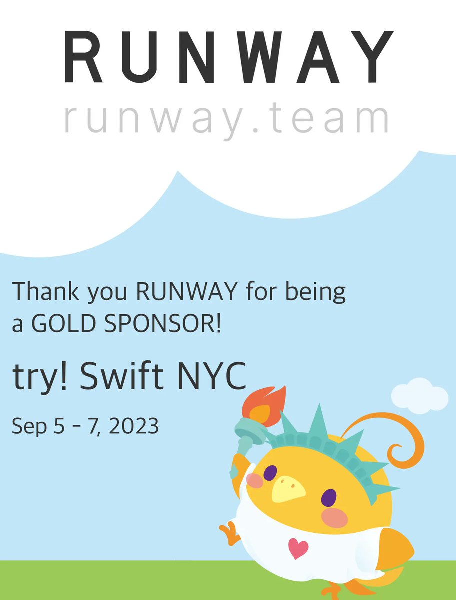 tryswiftnyc's tweet image. We ❤️ @RunwayTeam. Thank you for sponsoring #tryswiftnyc! Don't miss out on making Runway your mobile org's new home 🐥 🏡 #swiftlang #iosdev runway.team