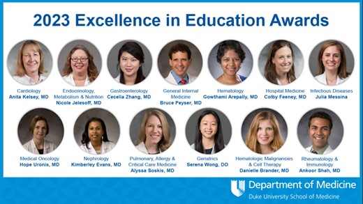 Congratulations to the department’s 2023 Education Award winners! 👏👏👏 Faculty members in each division were chosen for the award for their outstanding leadership and commitment to the education of fellows, residents, and students. Thank you! #MedEd @IMResidencyDuke