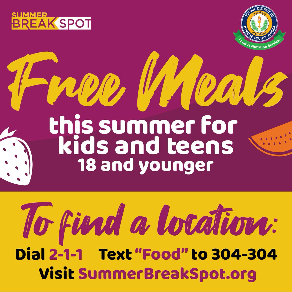 MCSD_FNS's tweet photo. Summer is almost here! Did you know that the Summer BreakSpot offers FREE meals for kids and teens, 18 and younger, starting on May 30? To find times and locations visit https://t.co/Or1slyuzl8 or text "Food" to 304-304.

#SummerBreakSpot #FreeMeals4Kids https://t.co/7IHV7WxcFF