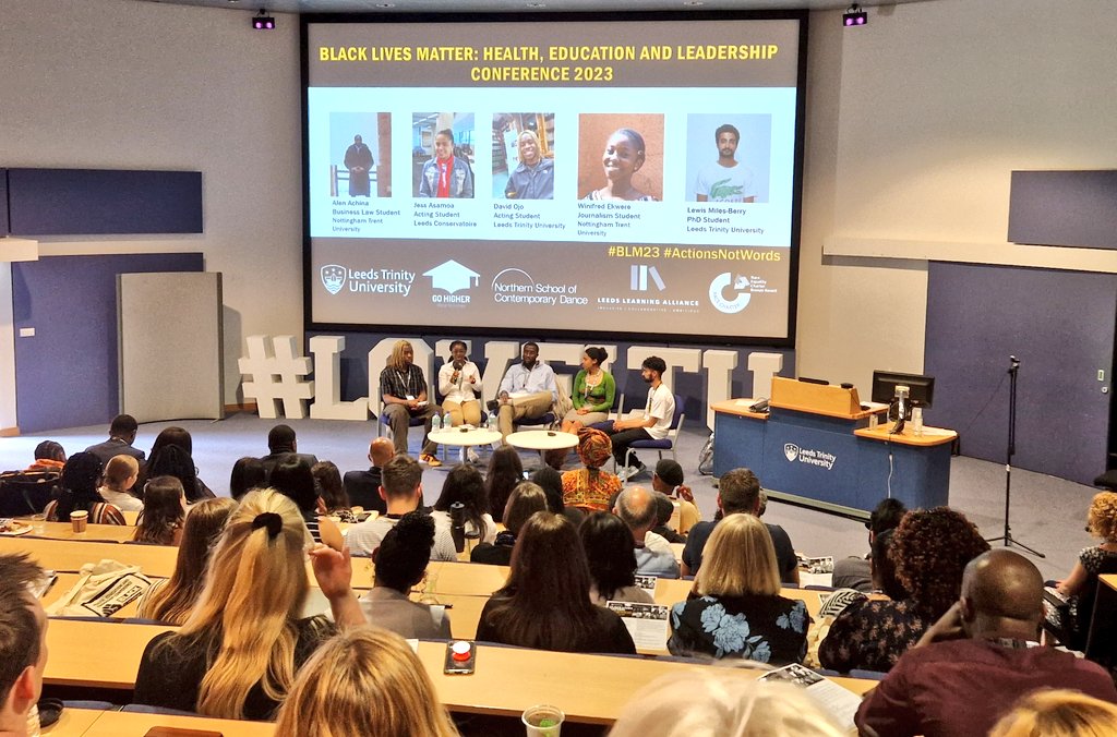 LeedsTrinity's tweet photo. Our #BlackLivesMatter    conference continues with a panel of students sharing their experiences and who inspired and supported them in Higher Education and leadership. #ActionsNotWords #BLM23 https://t.co/7wApP5Peqb