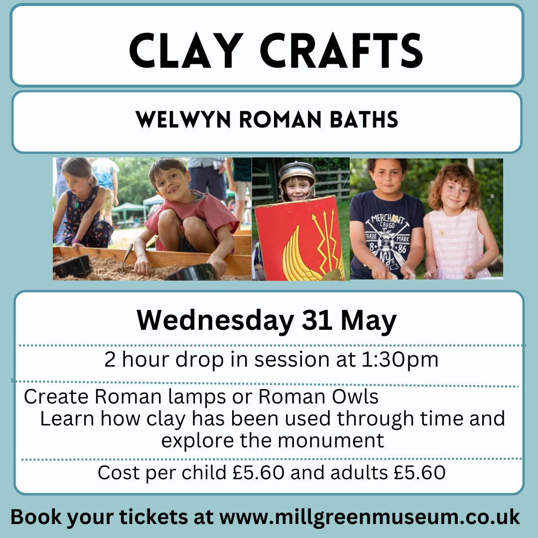 Join us to create Roman lamps or Roman Owls 🦉
Learn how clay has been used through time and explore the monument ⚱️🏺
