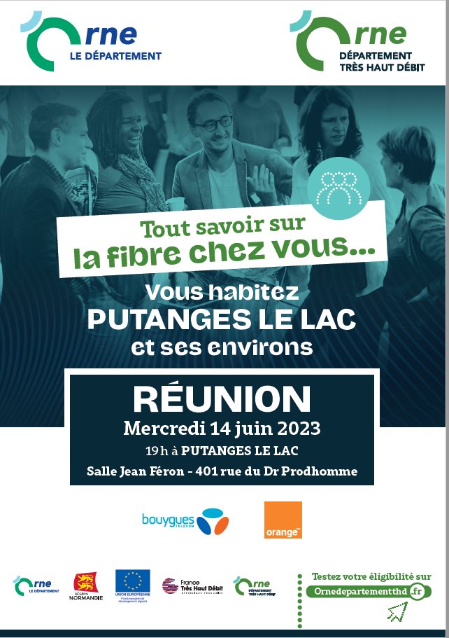 Nouvelle réunion publique.
A Putanges-le-Lac, le 14 juin 2023 à 19H.
Venez nombreux, pour tout savoir sur la fibre et son déploiement.
Les FAI <a href="/bouyguestelecom/">Bouygues Telecom</a> et <a href="/OrangeNormandie/">OrangeNormandie</a> seront présents pour répondre à vos questions et présenter leurs offres fibres.