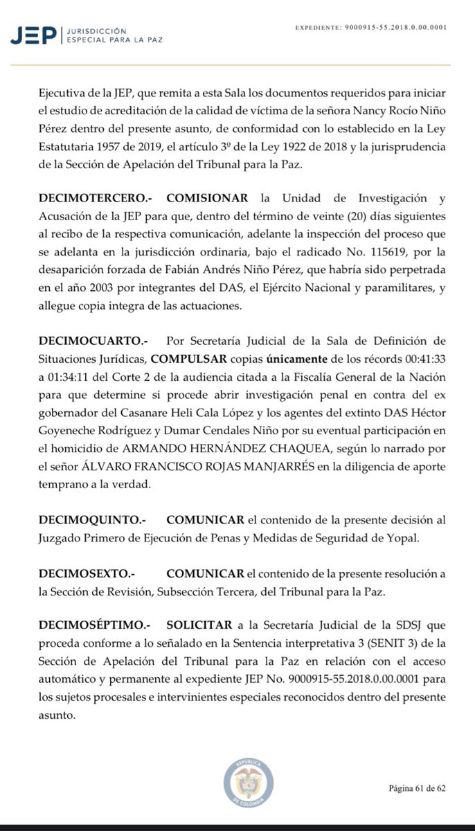 #PrimiciaW | @JEP_Colombia compulsa copias a la @FiscaliaCol para que investigue al exgobernador de Casanare Helí Cala López y a dos exdetectives del DAS por el homicidio de un hombre en presunto asocio con el grupo paramilitar de alias 'Otoniel'.