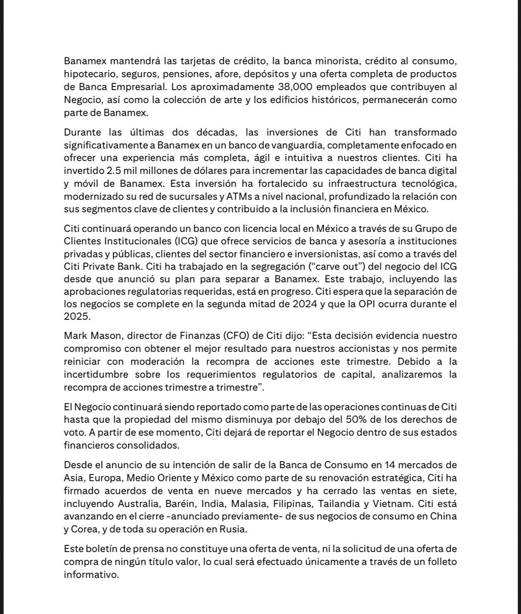 #ULTIMAHORA Citigroup decide desinvertir @Citibanamex Banamex a través de una Oferta Pública de Acciones