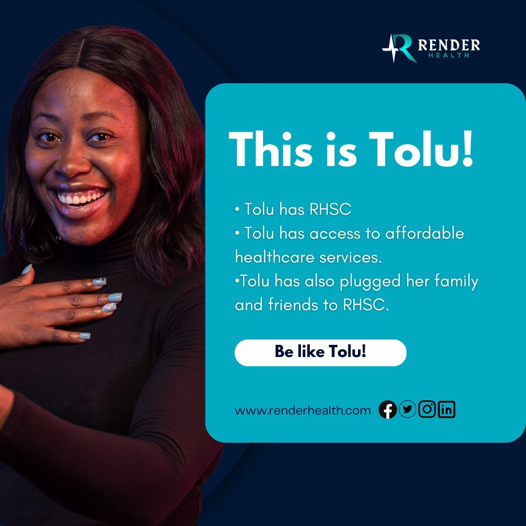Just like Tolu, you can also have access to affordable healthcare services for you and your family.

Enjoy the soft life when it comes to your healthcare. Download the RHSC app today!
#BeLikeTolu
#AffordableHealthcare
#SoftLife
#RHSC
#RenderHealth