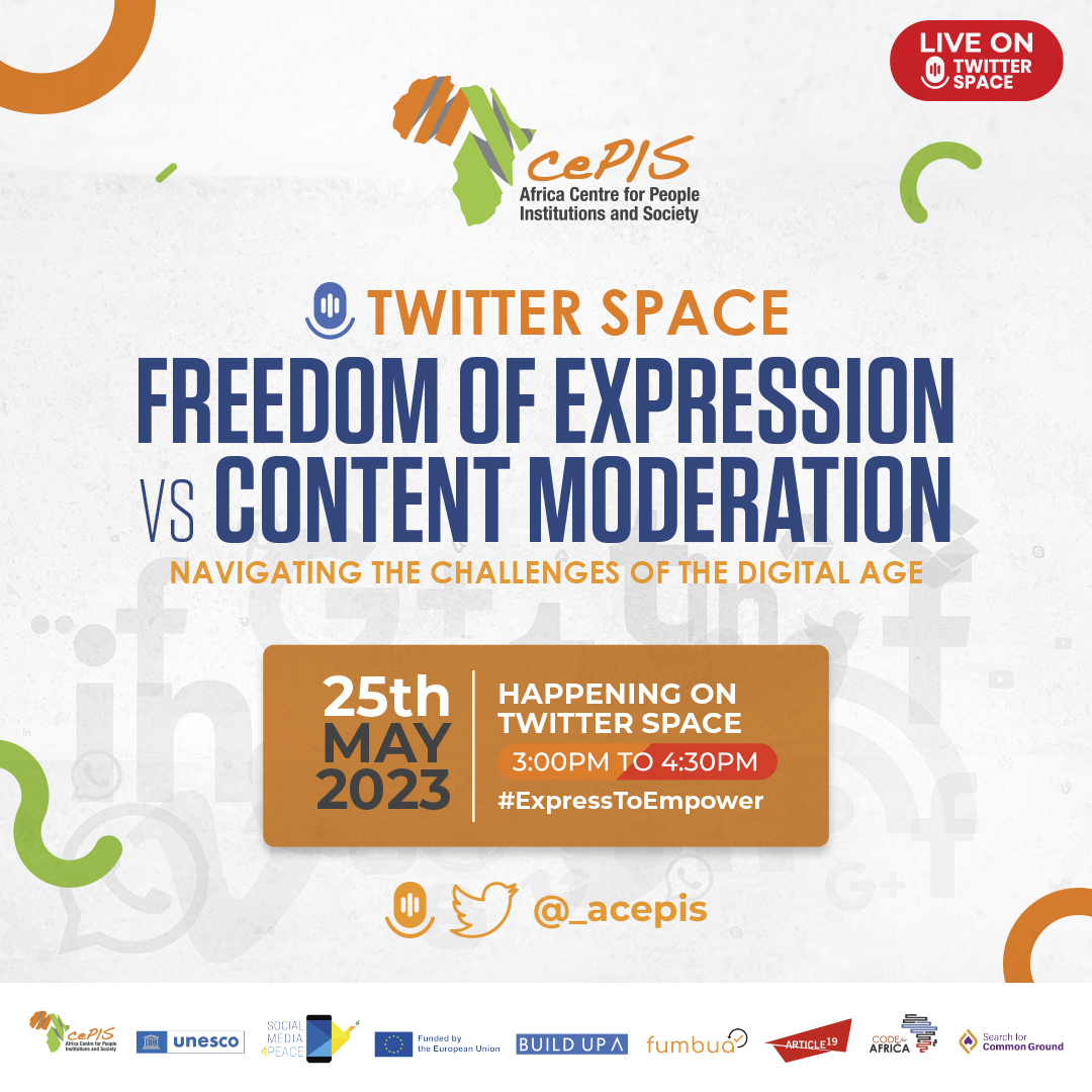 1/3:📢 Join us tomorrow for this thought-provoking Twitter Space🥳discussing the implications of content moderation on freedom of expression in the digital age. 🌐🗣️ #ExpressToEmpower

Here is what you should expect from the conversations: 
(Thread👇)