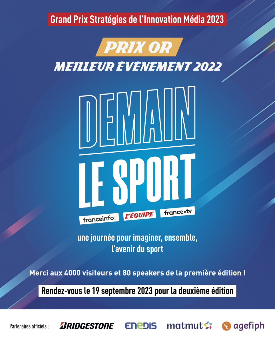 lequipe_pro's tweet image. 🏆Grand Prix @Strategies de l’Innovation Média 2023

@lequipe, @franceinfo et @Francetele remportent le PRIX OR pour la 1ère édition de Demain le Sport dans la catégorie « meilleur évènement 2022 »

📅RDV le 19 septembre 2023 pour la 2ème édition
demainlesport.fr #gpstrat