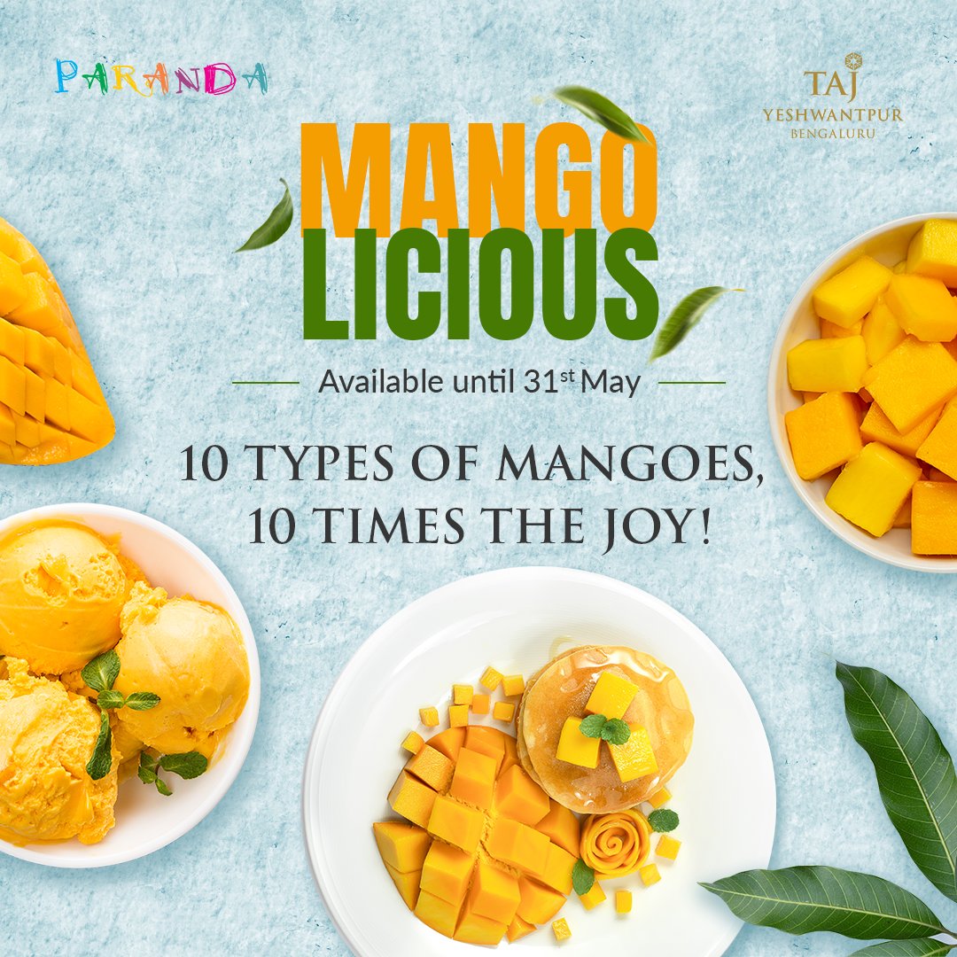 Paranda’s Mango Festival is an incredible display of summer’s most anticipated delights, with ten unique varieties of mangoes!

Paranda |Available until 31st May
For reservations, call: +91 63600 61783

#TajYeshwantpur #MangoFestival #Mangolicious #MangoBrunch #MangoLove