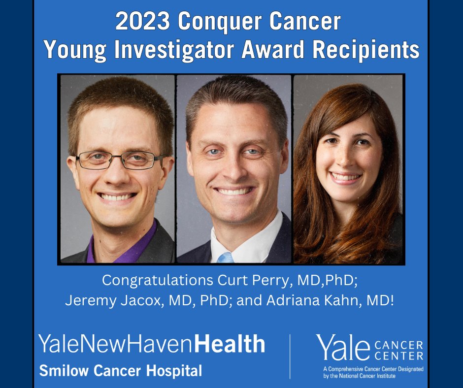 Congratulations to Curt Perry, MD, PhD @curtperrymdphd; Jeremy Jacox, MD, PhD @DrJeremyJacox; & Adriana Kahn, MD @adrianakahnmd, @YaleHemOnc recipients of Conquer Cancer®, @ConquerCancerFd 2023 Young Investigators Awards. @SmilowCancer @YaleMed @YNHH @MuzumdarLab @YaleHematology