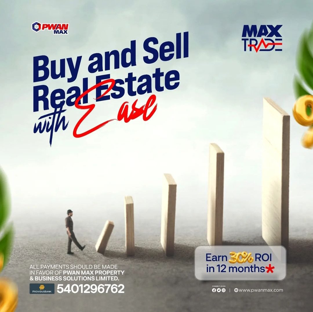 MaxPwan's tweet photo. Max trade is a real estate trading platform that allows you to enjoy a whooping 30% profit in 12months.

With Max trade, you can keep your land investment liquid, re-sell with ease and enjoy your profit in 12months. https://t.co/BLL7EZzvQN