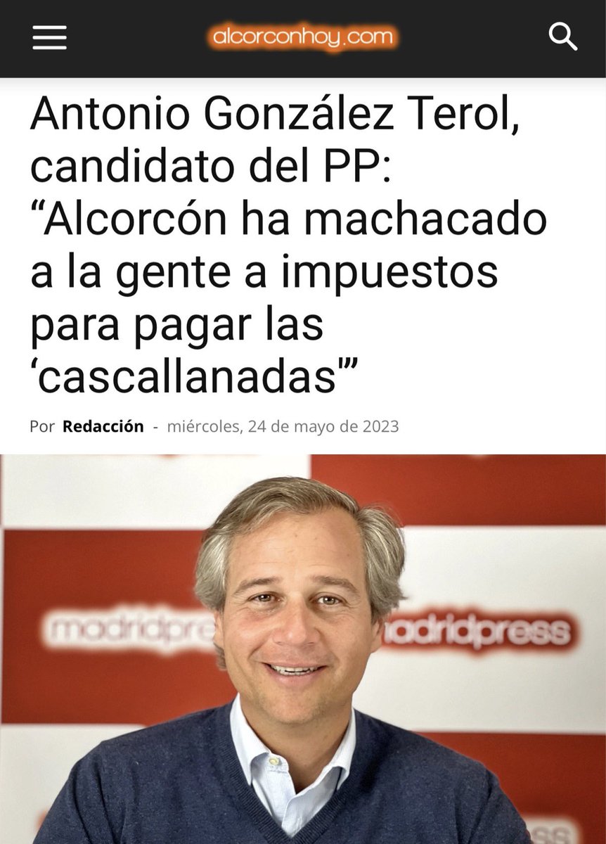 👏Gracias a <a href="/alcorconhoy/">alcorconhoy.com</a> 📰 por permitirme explicar en su medio la realidad actual de Alcorcón y las acciones que llevaré a cabo los próximos 4 años para mejorar la ciudad.  

🗣️Los vecinos deben dejar de pagar ya las deudas que dejó el PSOE y sus intereses a través de los
