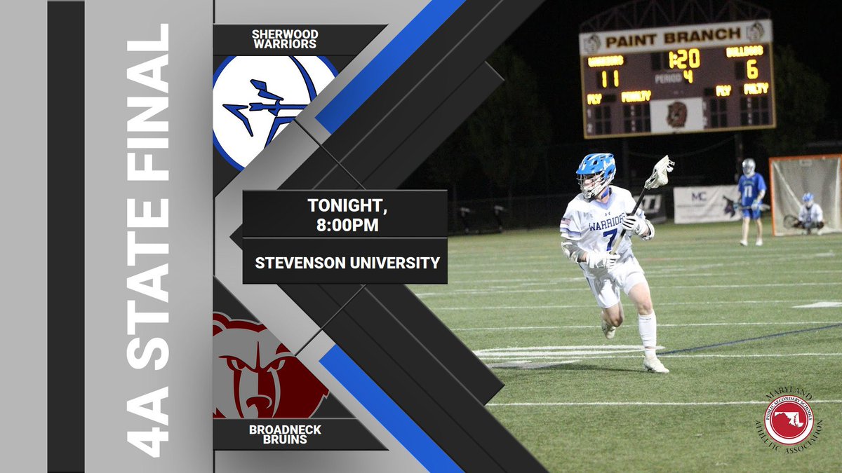 Its Gameday! Be sure to join us tonight at Stevenson University as we support the Sherwood Warriors in the 4A State Final vs Broadneck! 

🆚- Broadneck Bruins 
⏰- 8:00pm
🏟- Stevenson University 
🎟-gofan.co/app/events/997…
☀️- 72-76⛅️
📺 -nfhsnetwork.com/events/mpssaa/…