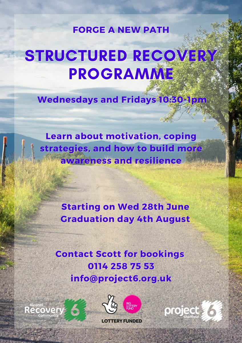 Forge a new path!
Structured Recovery Programme. Wed and Fri 10:30-1pm. Learn about motivation, coping strategies, and how to build more awareness and resilience. Contact Scott to book your space. #AlcoholRecovery #Recovery #Sheffield
