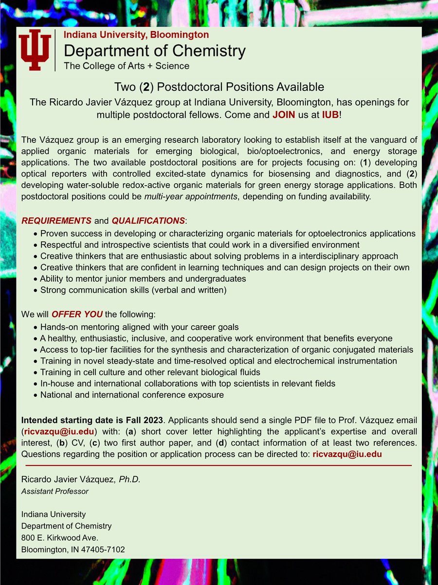 WE ARE HIRING: 

Two postdoctoral positions are available in my lab at @IUBChemistry. Ideal candidates will have expertise in organic synthesis, bio-optoelectronics, cell culture, and/or energy storage. Below are the links for both job descriptions. Please share! #chempostdoc