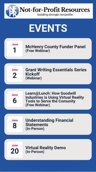 Vol_Center's tweet photo. June events are just around the corner! Don't forget to register for the free McHenry County Funder Panel and our next free Learn@Lunch that is all about using virtual reality tools to serve the community. 

For more information: https://t.co/GC4vXArKQi https://t.co/N3TGPDFBzw